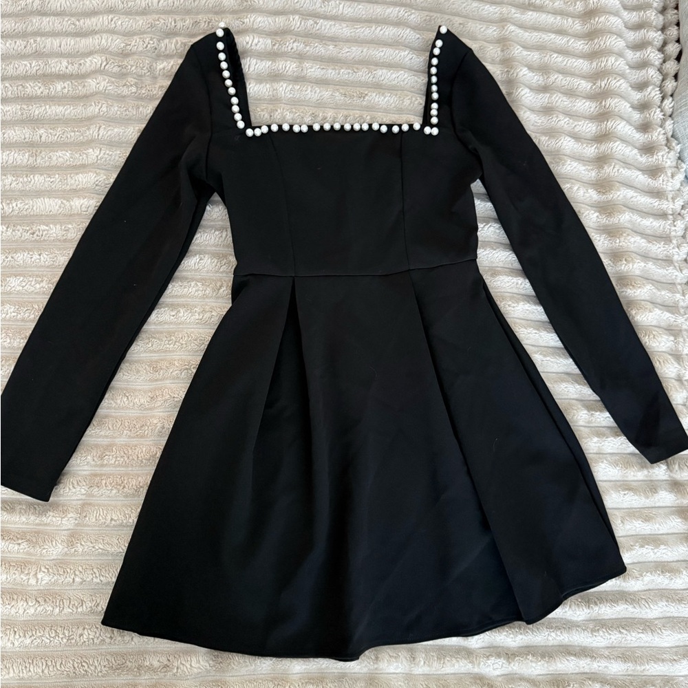 Chic Black Long Sleeve Dress with Pearl Details